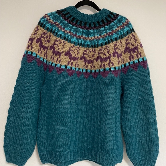 Alva Knit Women’s Icelandic 100% New Wool Fair Isles Sweater Teal - Picture 3 of 3